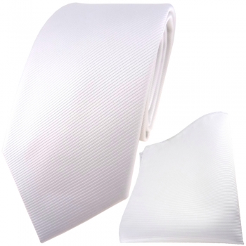 TigerTie Designer Krawatte + Einstecktuch in weiß reinweiß schneeweiß uni Rips