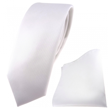 schmale TigerTie Krawatte + Einstecktuch in weiß reinweiß schneeweiß Uni Rips