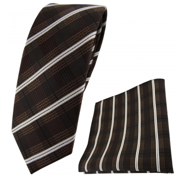 schmale TigerTie Krawatte + Einstecktuch dunkelbraun creme schwarz gestreift
