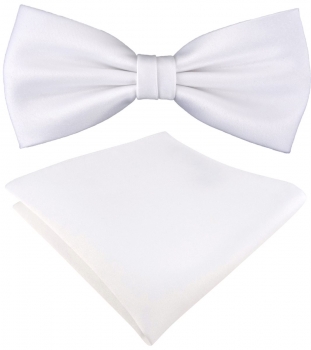 TigerTie Satin Fliege + TigerTie Einstecktuch in weiss Uni Einfarbig + Box