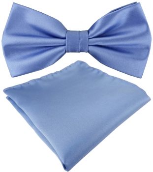 TigerTie Satin Fliege + Einstecktuch in blau Uni einfarbig + Geschenkbox