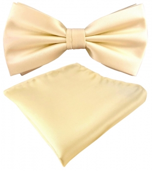 TigerTie Satin Fliege + Einstecktuch in beige creme Uni einfarbig + Geschenkbox