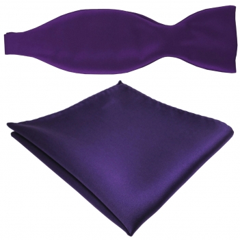 TigerTie Satin Selbstbinder Fliege + Einstecktuch dunkles lila violett einfarbig