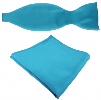 TigerTie Satin Selbstbinder Fliege + Einstecktuch türkis wasserblau Einfarbig