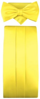 TigerTie Kummerbund + Einstecktuch + Fliege in gelb zitronengelb - Seide Schärpe