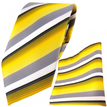 TigerTie Designer Krawatte + Einstecktuch in gelb grau weiss anthrazit gestreift