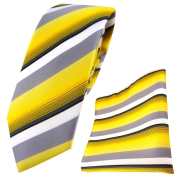 schmale TigerTie Krawatte + Einstecktuch in gelb grau weiss anthrazit gestreift