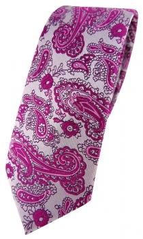 schmale TigerTie Designer Krawatte in magenta silber Paisley gemustert