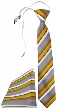 TigerTie Sicherheits Krawatte + Einstecktuch in gold grau weiss gestreift