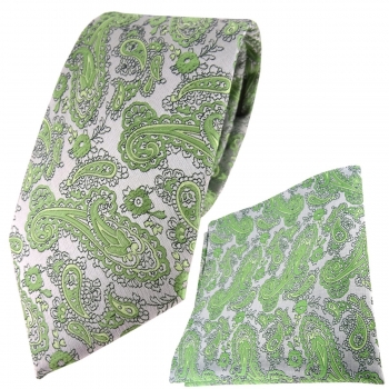 TigerTie Designer Krawatte + Einstecktuch in grün silber Paisley gemustert