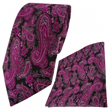 TigerTie Designer Krawatte + Einstecktuch magenta schwarz silber Paisley