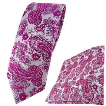 schmale TigerTie Krawatte + Einstecktuch in magenta silber Paisley gemustert