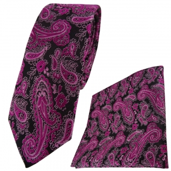 schmale TigerTie Krawatte + Einstecktuch in magenta schwarz silber Paisley