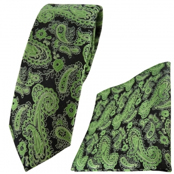 schmale TigerTie Krawatte + Einstecktuch grün schwarz silber Paisley gemustert