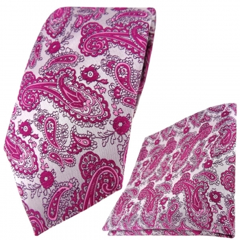 TigerTie Designer Krawatte + Einstecktuch in magenta silber Paisley gemustert