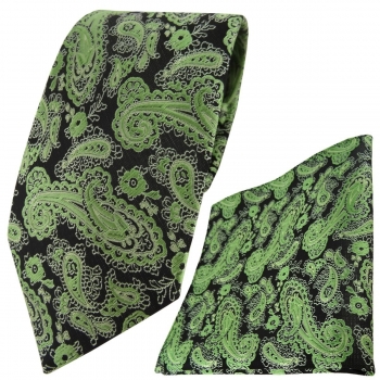 TigerTie Designer Krawatte + Einstecktuch grün schwarz silber Paisley gemustert