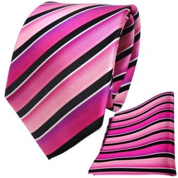 TigerTie Seidenkrawatte + Seideneinstecktuch rosa pink schwarz silber gestreift