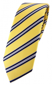 schmale TigerTie Designer Seidenkrawatte in gelb blau schwarz weiß gestreift