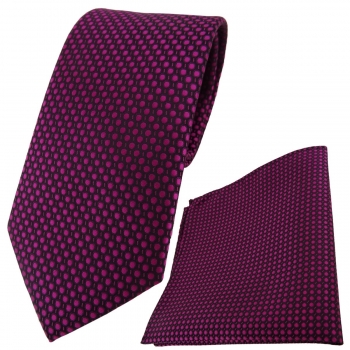 TigerTie Designer Krawatte + Einstecktuch lila violett purpur schwarz gepunktet
