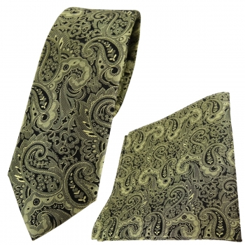 schmale TigerTie Seidenkrawatte + Einstecktuch in grün oliv schwarz Paisley