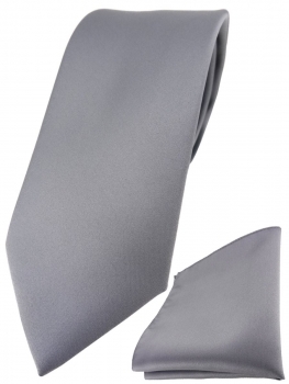TigerTie Designer Krawatte + TigerTie Einstecktuch in silbergrau einfarbig uni