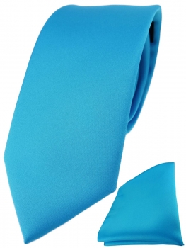 TigerTie Designer Krawatte + TigerTie Einstecktuch in türkisblau einfarbig uni