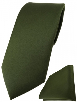 TigerTie Designer Krawatte + TigerTie Einstecktuch in olivegrün einfarbig uni