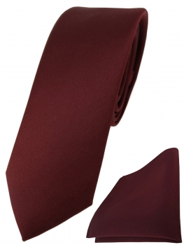 schmale TigerTie Designer Krawatte + Einstecktuch in weinrot einfarbig uni