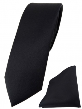 schmale TigerTie Designer Krawatte + Einstecktuch in schwarz einfarbig uni