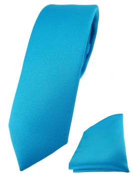 schmale TigerTie Designer Krawatte + Einstecktuch in türkisblau einfarbig uni