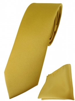 schmale TigerTie Designer Krawatte + Einstecktuch in gold einfarbig uni