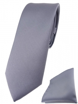 schmale TigerTie Designer Krawatte + Einstecktuch in silber einfarbig uni