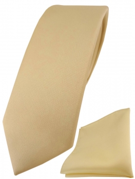 schmale TigerTie Designer Krawatte + Einstecktuch in hellgold einfarbig uni