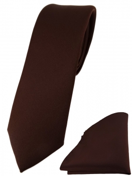 schmale TigerTie Designer Krawatte + Einstecktuch in dunkelbraun einfarbig uni