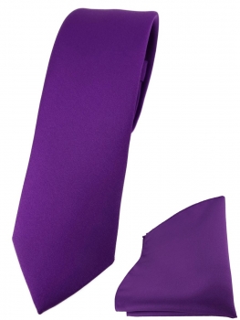 schmale TigerTie Designer Krawatte + Einstecktuch in lila einfarbig uni