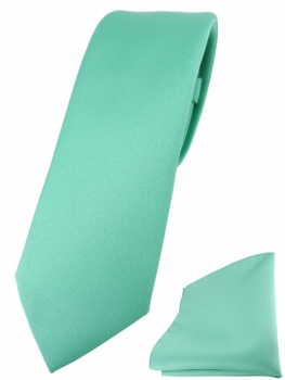 schmale TigerTie Designer Krawatte + Einstecktuch in grün mint einfarbig uni
