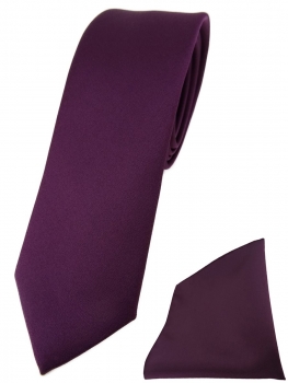 schmale TigerTie Designer Krawatte + Einstecktuch bordeauxviolett einfarbig uni