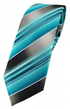 schmale TigerTie Designer Krawatte in türkis silber anthrazit grau gestreift