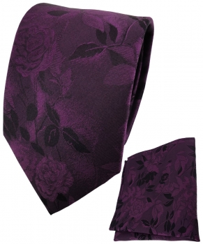 TigerTie Seidenkrawatte + Einstecktuch in lila violett schwarz Blumengemustert