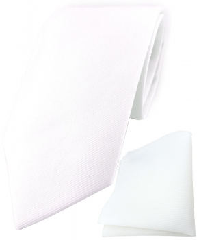 TigerTie Krawatte + Einstecktuch aus 100% Baumwolle in weiß einfarbig Unicolor