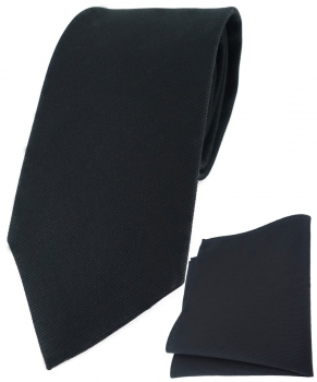 TigerTie Krawatte + Einstecktuch aus 100% Baumwolle schwarz einfarbig Unicolor