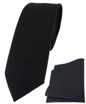 schmale TigerTie Krawatte + Einstecktuch aus 100% Baumwolle in schwarz Unicolor
