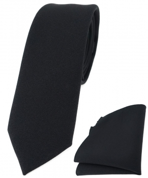 schmale TigerTie Krawatte + Einstecktuch schwarz mit aufgerauhter Oberfläche