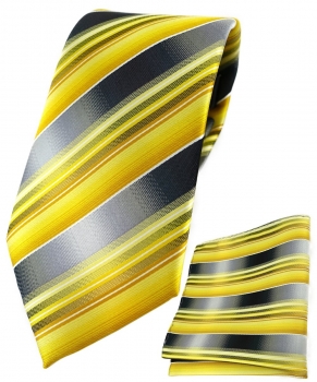 TigerTie Krawatte + Einstecktuch in gelb gold silber anthrazit grau gestreift