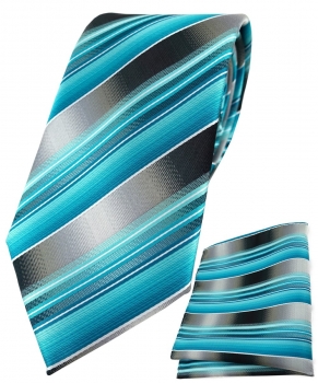 TigerTie Krawatte + Einstecktuch in türkis silber anthrazit grau gestreift