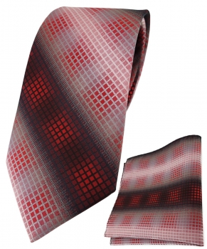 TigerTie Krawatte + Einstecktuch in rot dunkelrot silber grau schwarz kariert