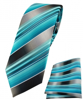 schmale TigerTie Krawatte + Einstecktuch türkis silber anthrazit grau gestreift