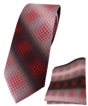 schmale TigerTie Krawatte + Einstecktuch rot weinrot silber grau schwarz kariert