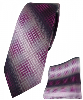 schmale TigerTie Krawatte + Einstecktuch violett lila silber schwarz kariert