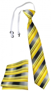 TigerTie Sicherheits Krawatte + Einstecktuch in gelb gold silber grau gestreift